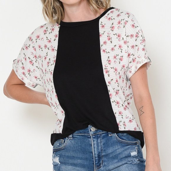 FLORAL COLOR BLOCK SHORT SLEEVE TUNIC TOP - Picture 1 of 5
